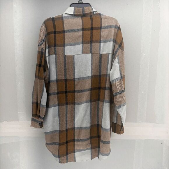 Cupshe Long Sleeve Plaid Flannel Brown White Button Shirt Size Large EUC - Picture 2 of 5